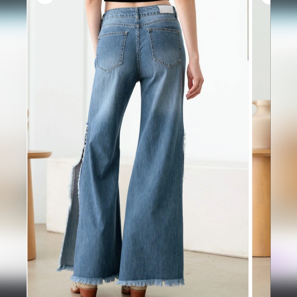 NIB Blue Side Slit Wide Leg Destroyed Jeans - S,M,L - Picture 2 of 4
